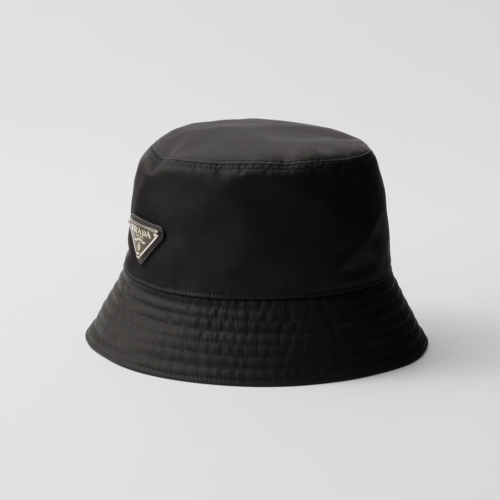 Prada Black Nylon Bucket Hat with Logo Plaque